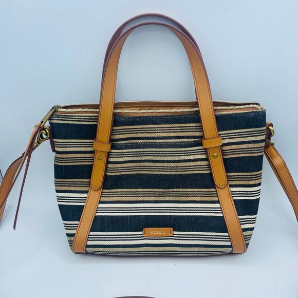 Striped Avondale FOSSIL Satchel Style Shoulder Bag Purse Brown Tan Beige